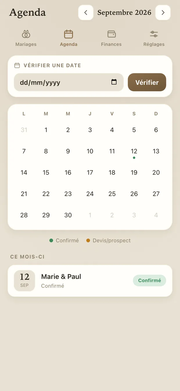 L'agenda Phollio sur téléphone : calendrier du mois, dates confirmées et vérification de disponibilité