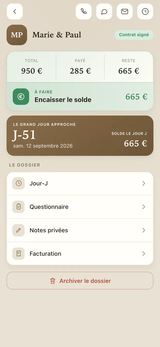 La fiche couple Phollio sur téléphone : appel, WhatsApp, email, paiements et compte à rebours du jour J